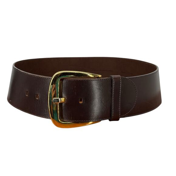 Ellen Tracy Wide Italian Leather Belt Small Women’s Brown Oversized Gold Buckle - Picture 1 of 10